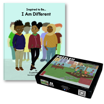 Bundle image showing the 'I Am Different' book cover alongside its interactive puzzle from Crystel Patterson, emphasizing themes of diversity and the message 'Different is Cool.'