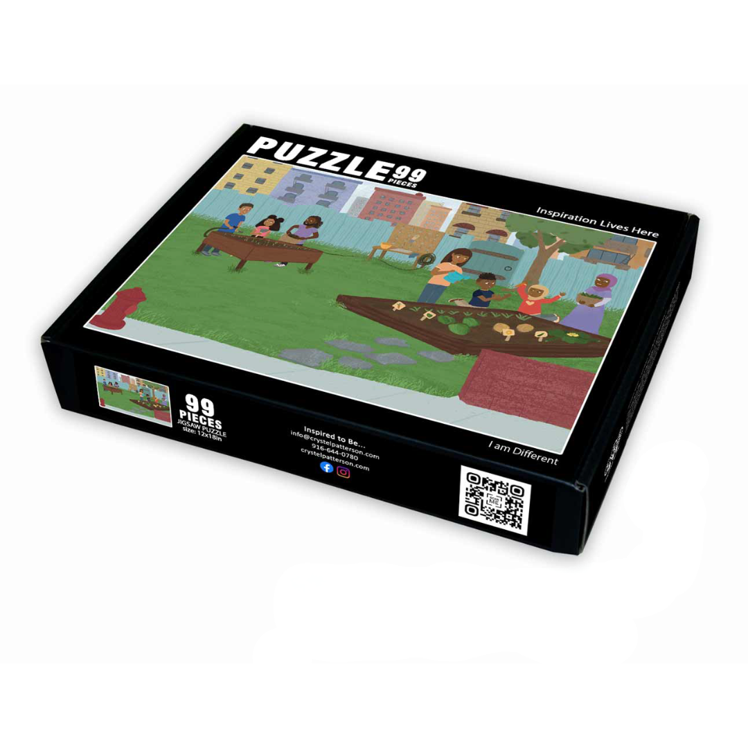 Full-page puzzle image showing a vibrant illustration from I Am Different by Crystel Patterson