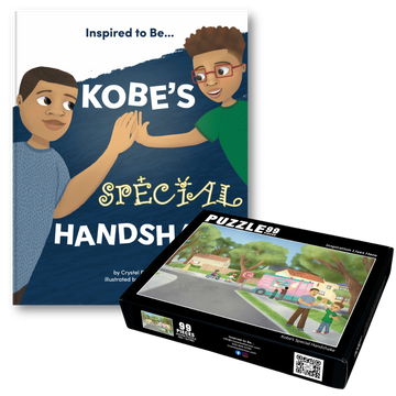 Bundle image featuring the 'Kobe's Special Handshake' book cover and its interactive puzzle from Crystel Patterson, highlighting themes of emotional connection and healing.