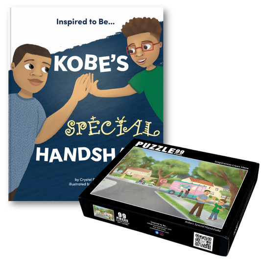 Bundle image featuring the 'Kobe's Special Handshake' book cover and its interactive puzzle from Crystel Patterson, highlighting themes of emotional connection and healing.
