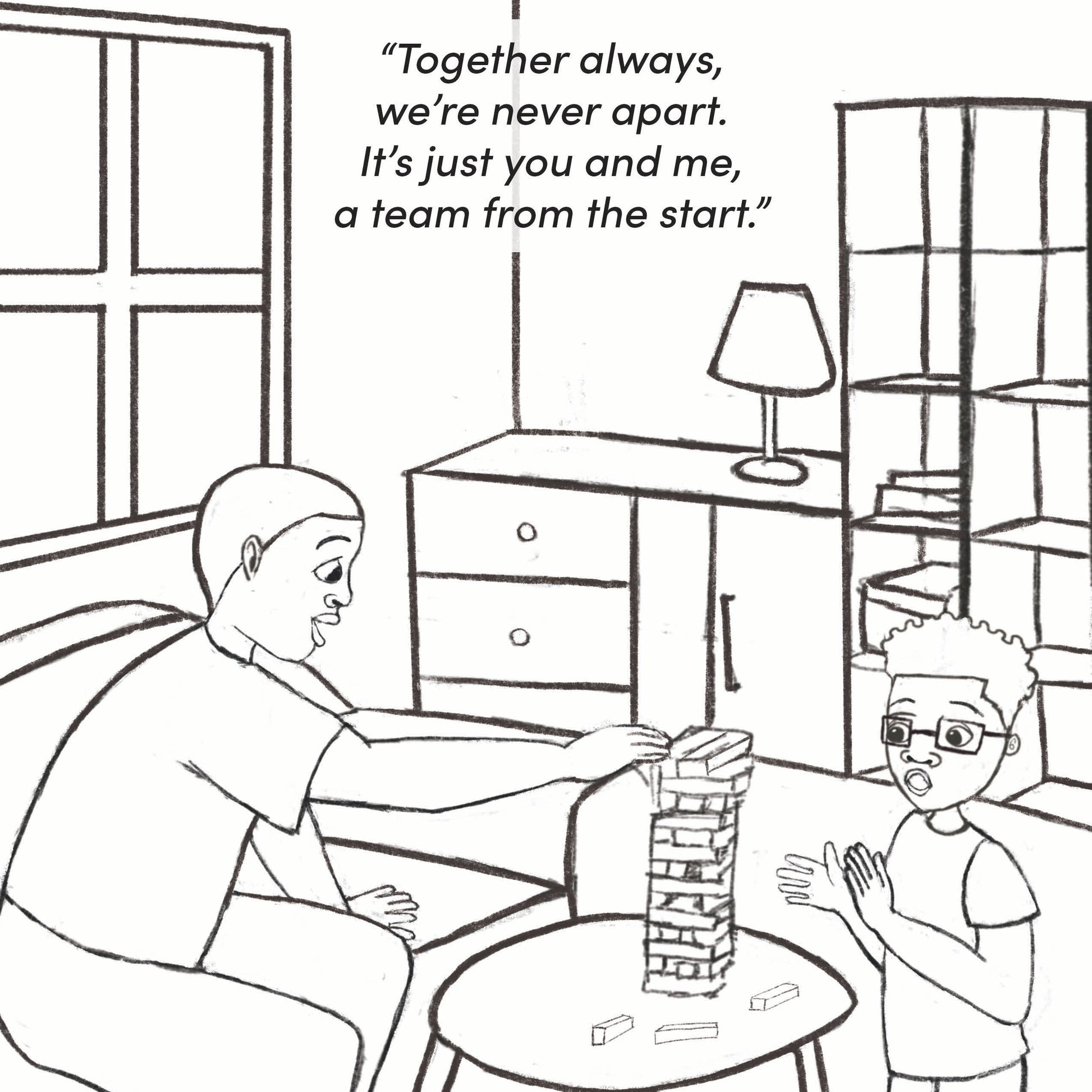 Coloring page featuring a boy and his dad bonding over a game of Jenga in their living room. This free set of pages feature characters from Crystel Patterson's "Kobe's Special Handshake" book, promoting emotional awareness and connection.