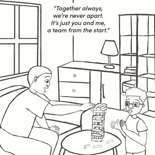 Coloring page featuring a boy and his dad bonding over a game of Jenga in their living room. This free set of pages feature characters from Crystel Patterson's "Kobe's Special Handshake" book, promoting emotional awareness and connection.