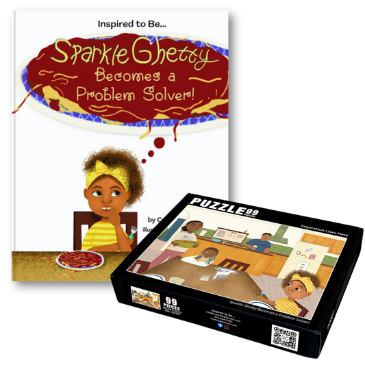 Bundle image showcasing the 'Sparkle Ghetty Becomes a Problem Solver!' book cover and its interactive puzzle from Crystel Patterson.