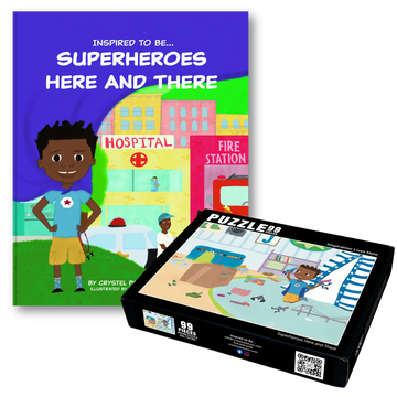 Bundle image featuring the 'Superheroes Here and There' book cover and its interactive puzzle from Crystel Patterson.