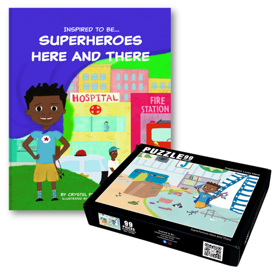 Bundle image featuring the 'Superheroes Here and There' book cover and its interactive puzzle from Crystel Patterson.