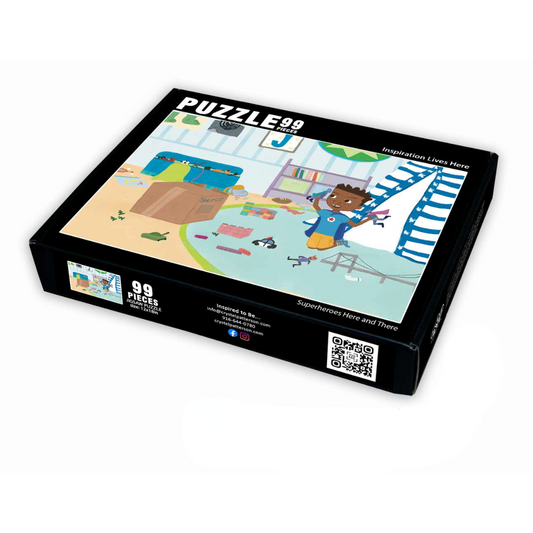 Full-page puzzle image featuring a bold illustration from Superheroes Here and There by Crystel Patterson, depicting a young superhero in action.