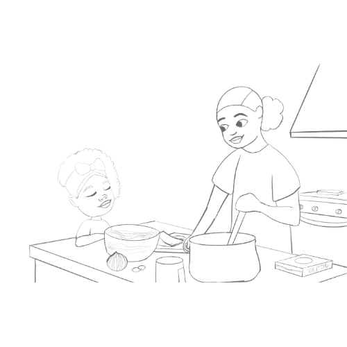 Coloring page from Crystel Patterson's "Sparkle Ghetty Becomes a Problem Solver!" book, featuring Sparkle eagerly awaiting her favorite meal, spaghetti, as her mom cooks it.