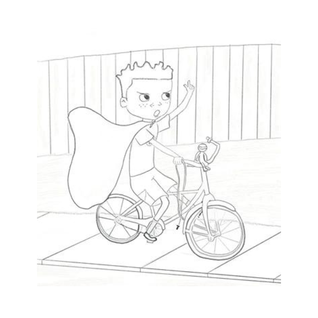 Superheroes Here and There Coloring Page featuring James, a young boy wearing a cape on his bike, from Crystel Patterson's "Superheroes Here and There" book.