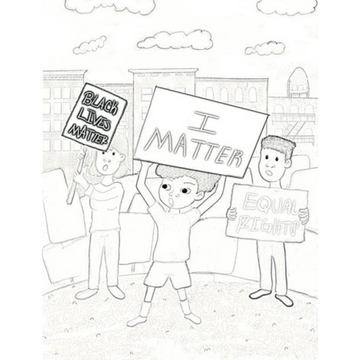 Superheroes Here and There Coloring Page depicting a protest scene, with diverse characters holding signs like "I Matter" and "Black Lives Matter," from Crystel Patterson's book.