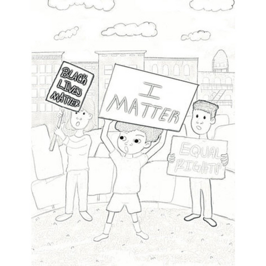 Superheroes Here and There Coloring Page depicting a protest scene, with diverse characters holding signs like "I Matter" and "Black Lives Matter," from Crystel Patterson's book.