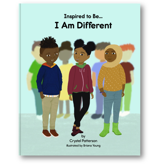 Cover of 'I Am Different' children's book by Crystel Patterson, featuring three young children embracing their uniqueness, celebrating diversity and self-acceptance.