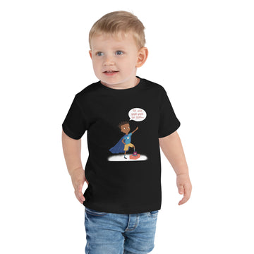 Black toddler t-shirt with an image of the main character from Crystel Patterson's "Superheroes Here and There" wearing a cape (front) and the text "Superheroes Look Like Me" (back).
