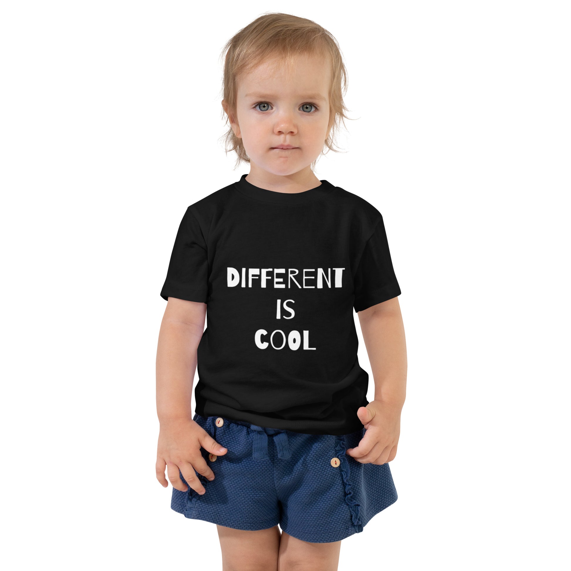 Black toddler t-shirt with the text "Different is Cool"