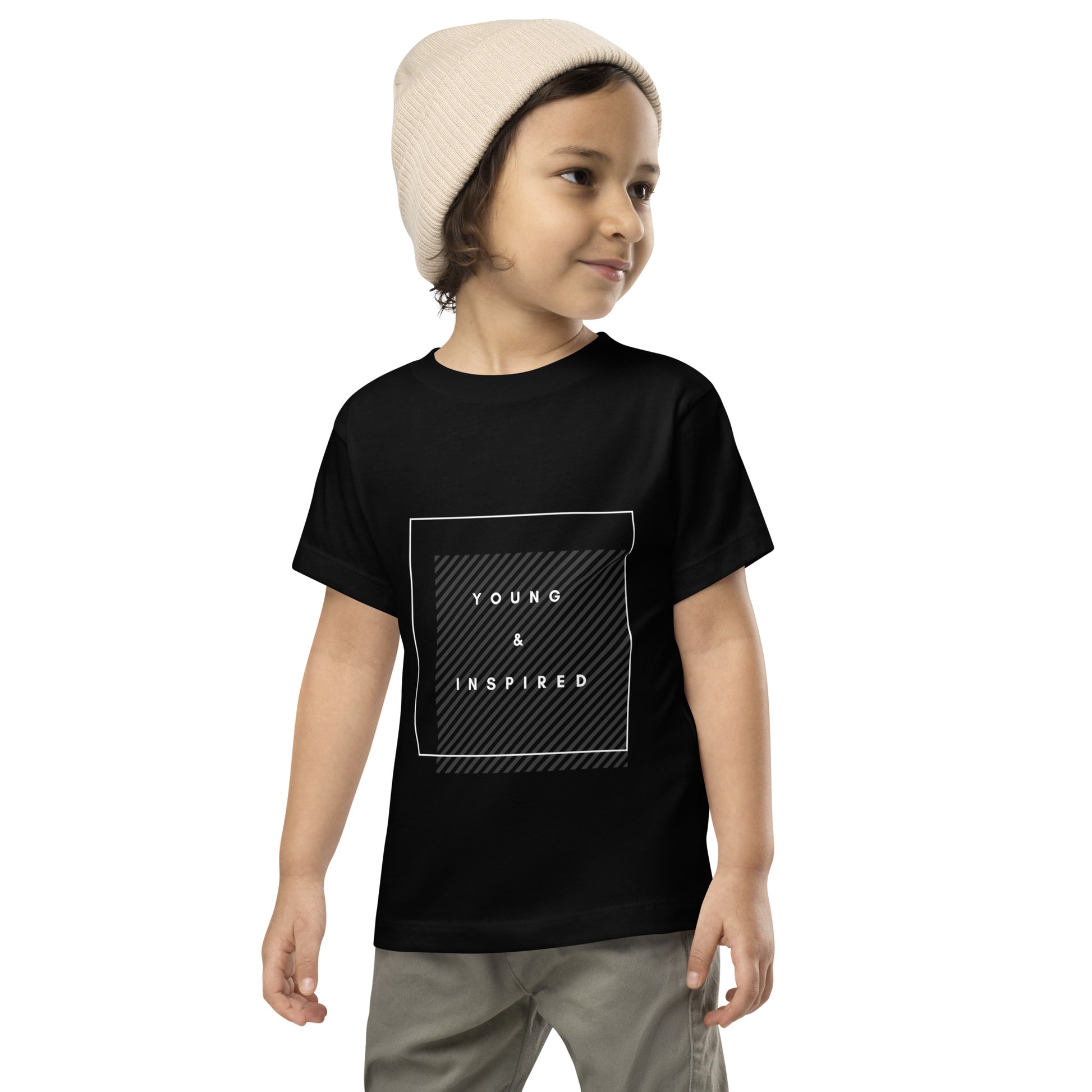 Black toddler t-shirt with the text "Young & Inspired", representing Crystel Patterson's "Inspired to Be..." children's book series.