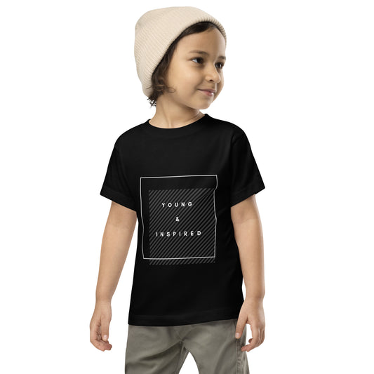 Black toddler t-shirt with the text "Young & Inspired", representing Crystel Patterson's "Inspired to Be..." children's book series.