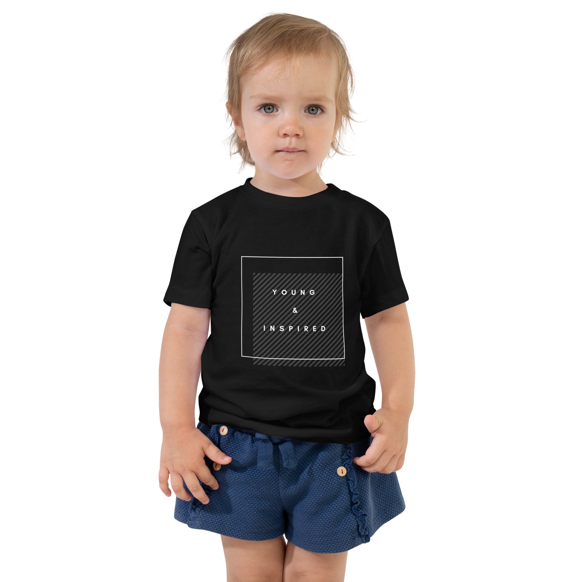 Black toddler t-shirt with the text "Young & Inspired", representing Crystel Patterson's "Inspired to Be..." children's book series.