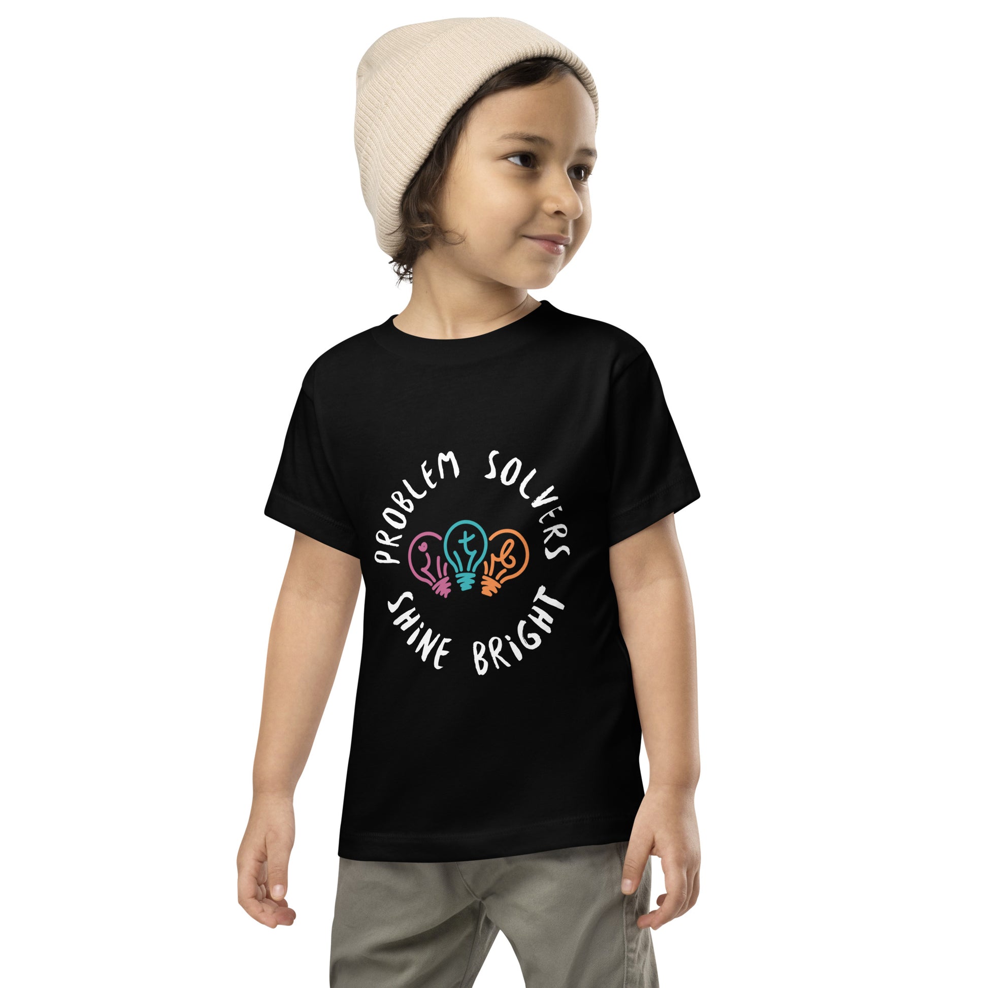 Black toddler t-shirt with the text "Problem Solvers Shine Bright"