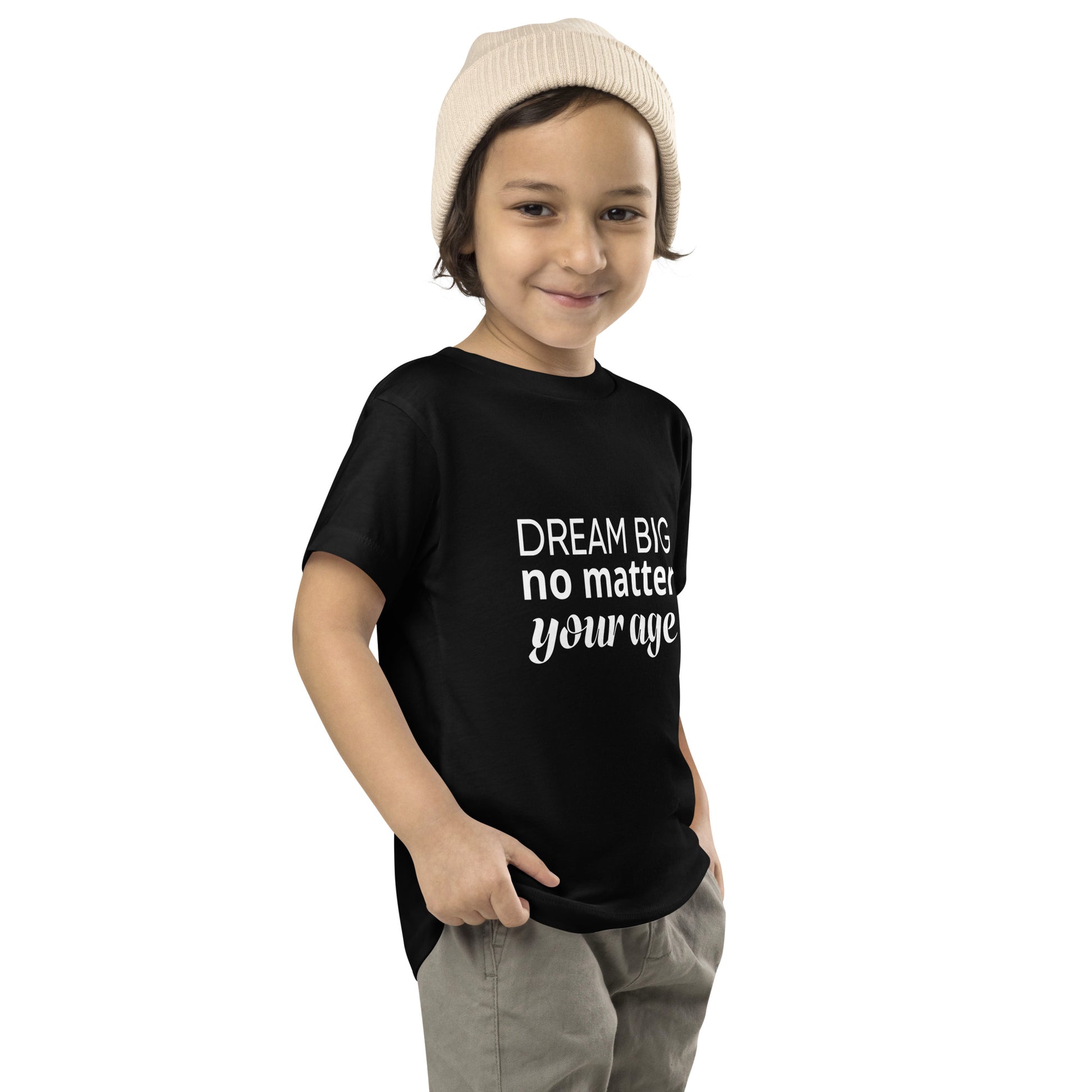 Black toddler t-shirt showcasing the message "Dream Big No Matter Your Age".