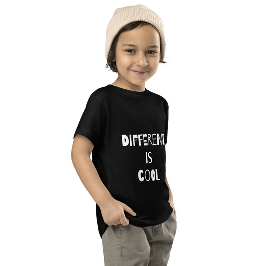 Black toddler t-shirt with the text "Different is Cool"