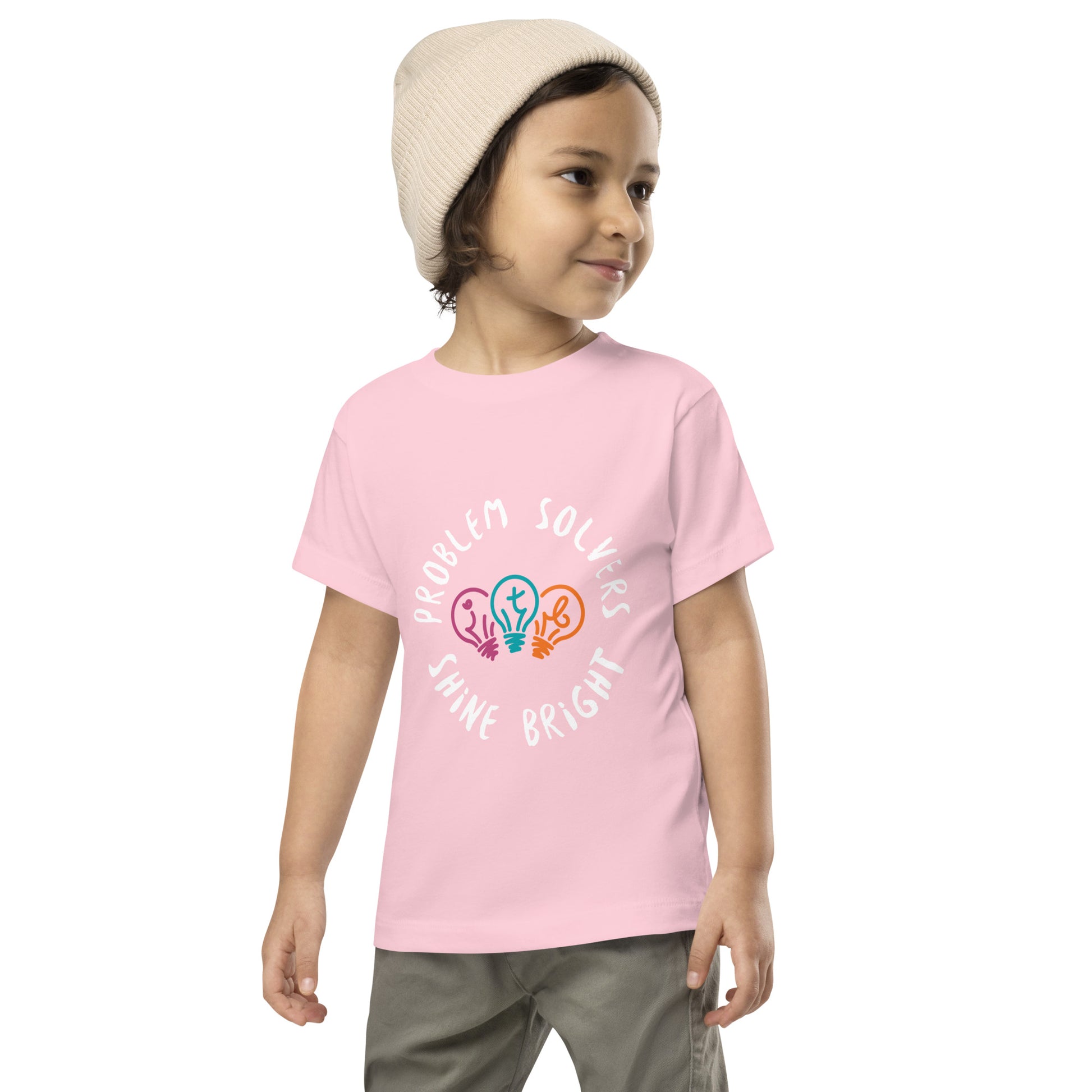 Pink toddler t-shirt with the text "Problem Solvers Shine Bright"