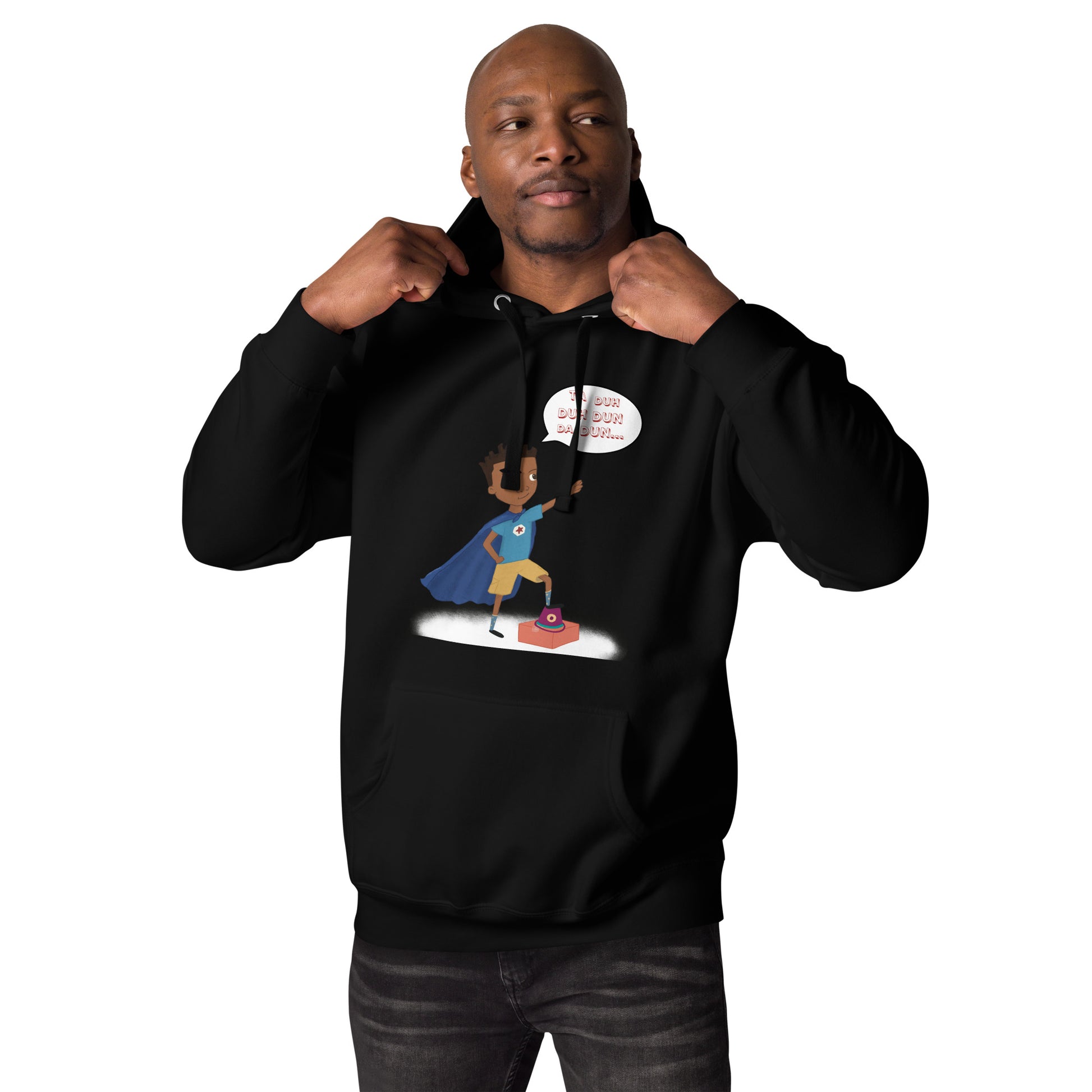 Black adult unisex hoodie with an image of the main character from Crystel Patterson's "Superheroes Here and There" wearing a cape (front) and the text "Superheroes Look Like Me" (back).