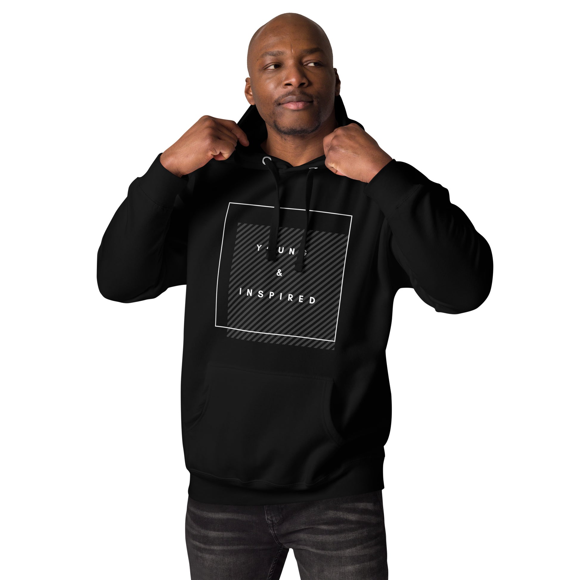 Black adult unisex hoodie with the text "Young & Inspired", representing Crystel Patterson's "Inspired to Be..." children's book series.