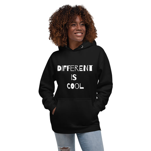 Black adult unisex hoodie with the text "Different is Cool"