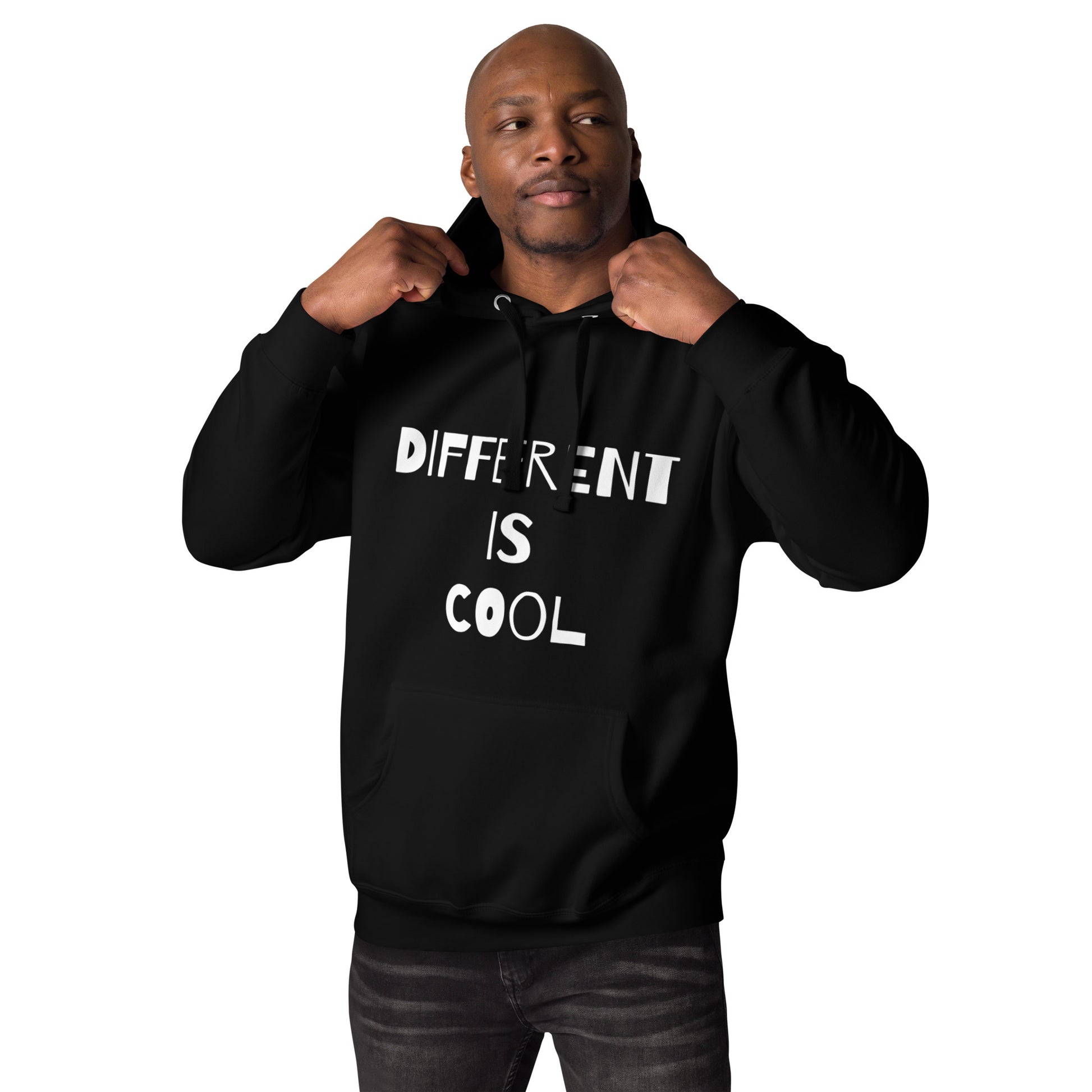 Black adult unisex hoodie with the text "Different is Cool"