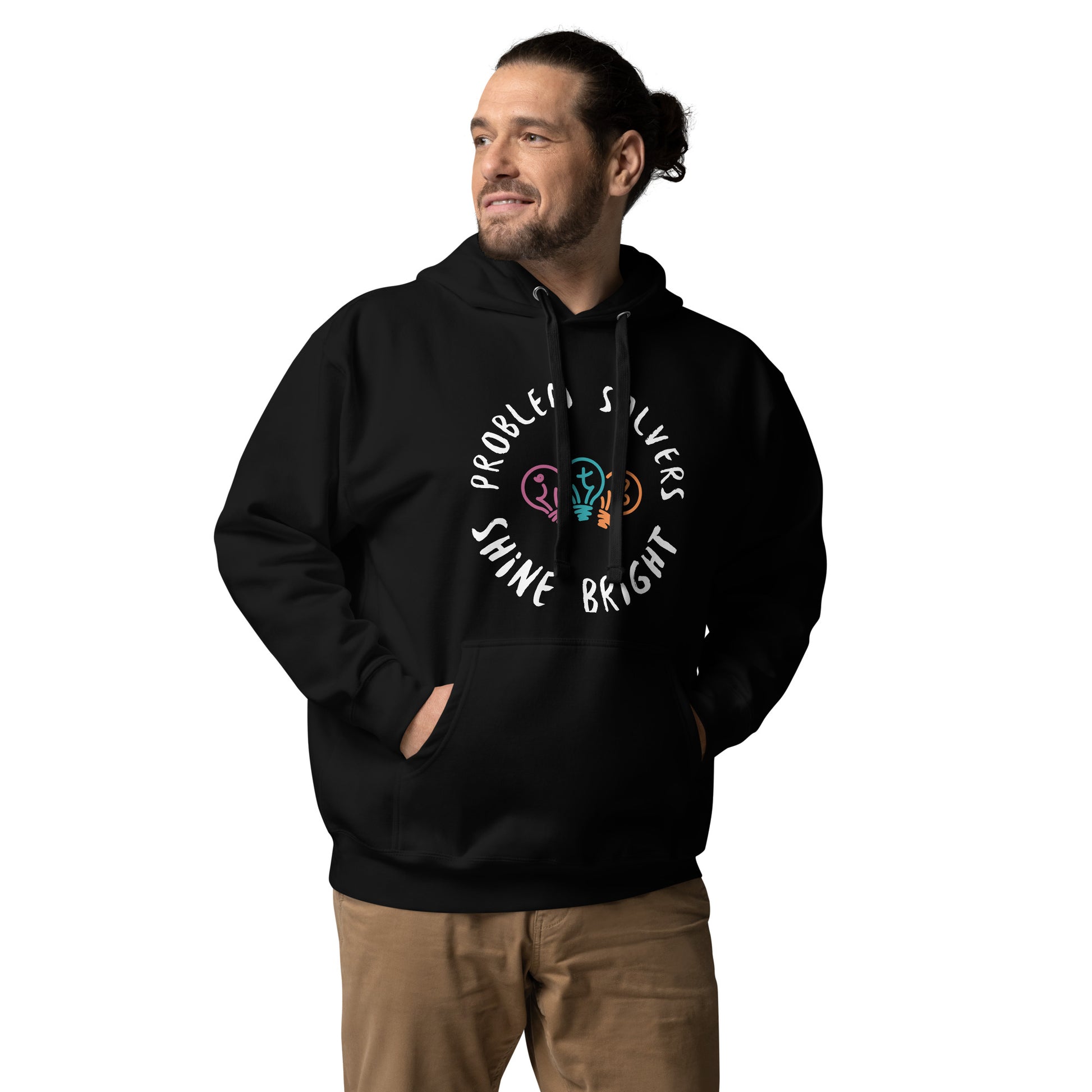 Black adult unisex hoodie with the text "Problem Solvers Shine Bright"