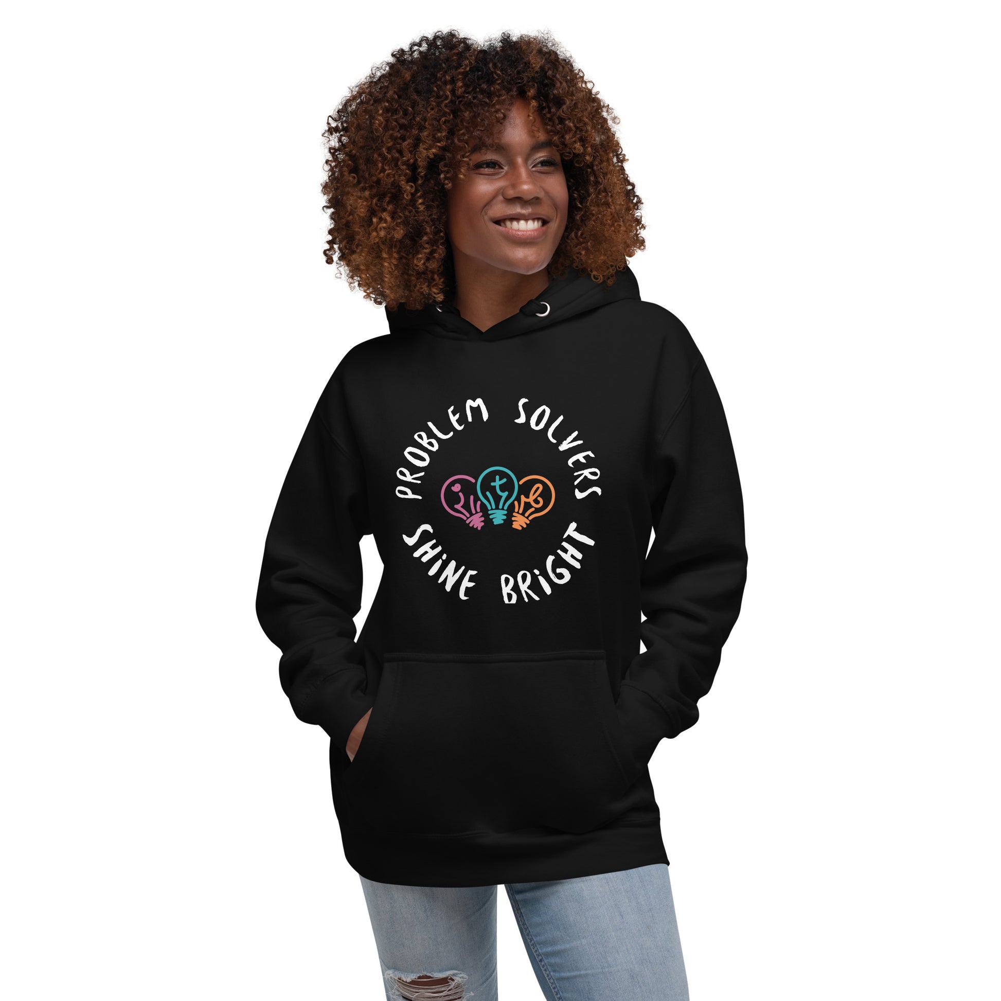 Black adult unisex hoodie with the text "Problem Solvers Shine Bright"