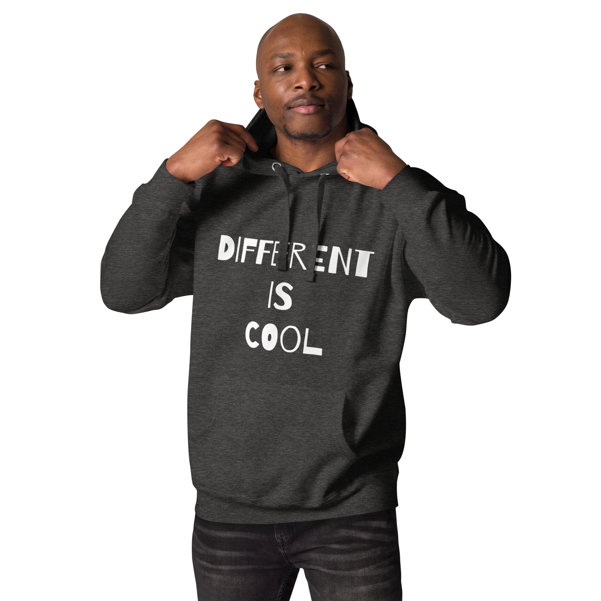 Charcoal heather adult unisex hoodie with the text "Different is Cool"