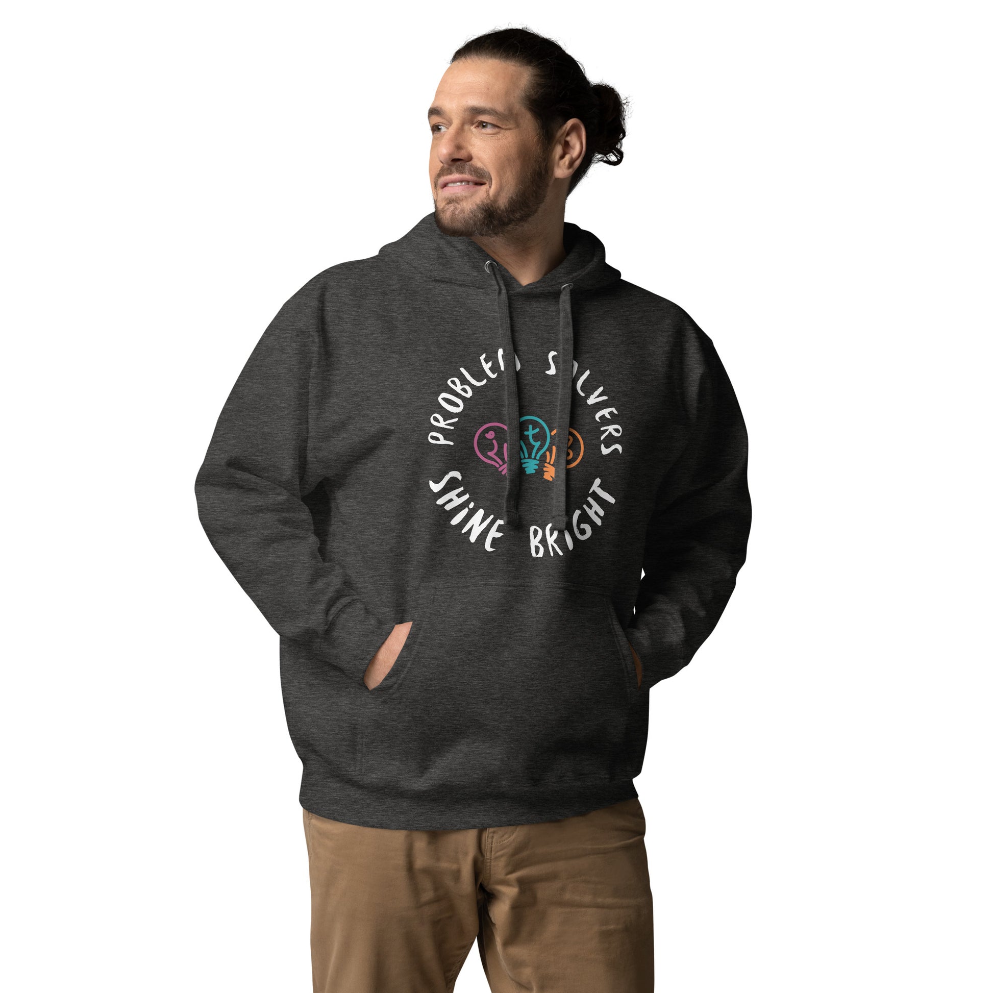 Charcoal heather adult unisex hoodie with the text "Problem Solvers Shine Bright"