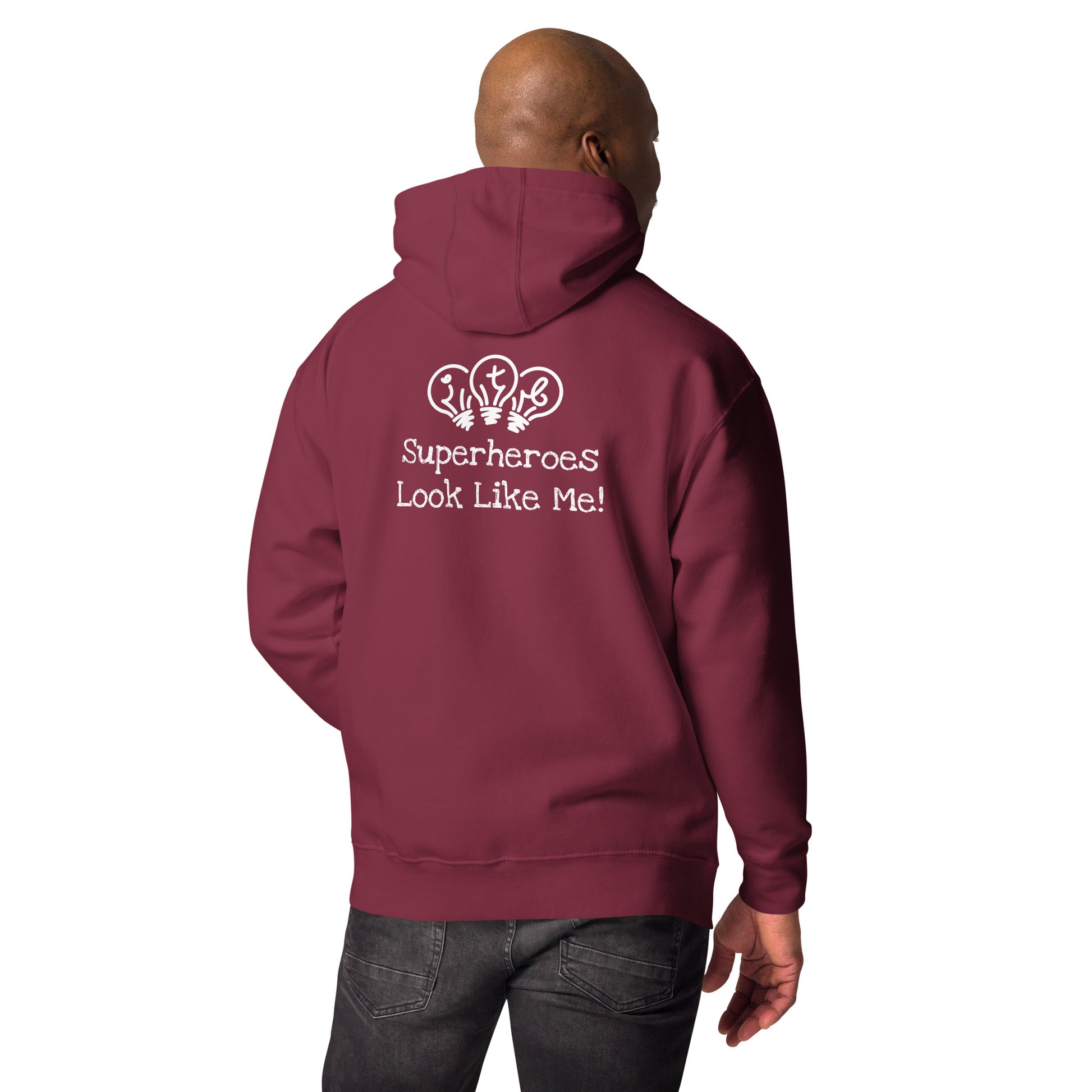 Maroon adult unisex hoodie with an image of the main character from Crystel Patterson's "Superheroes Here and There" wearing a cape (front) and the text "Superheroes Look Like Me" (back).