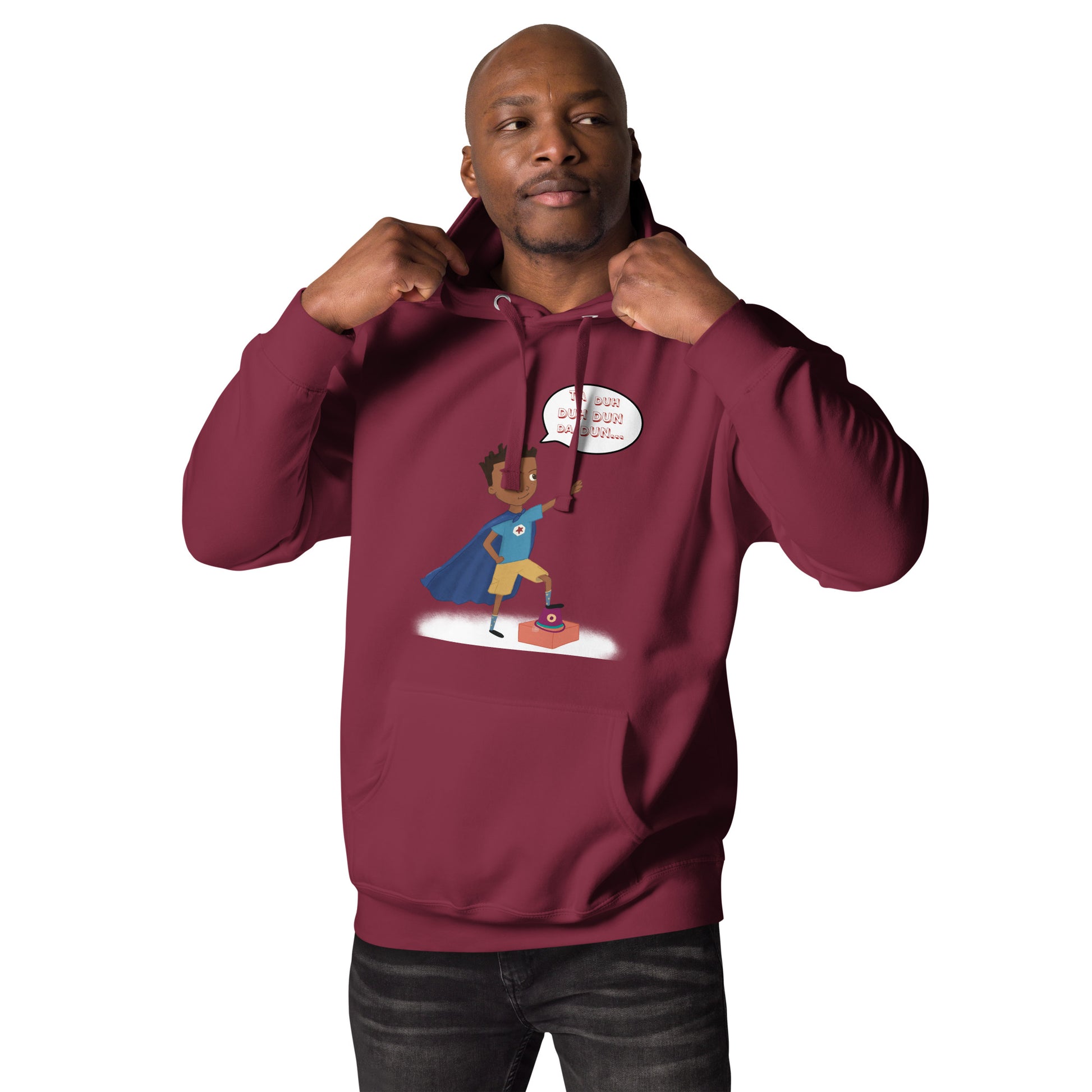 Maroon adult unisex hoodie with an image of the main character from Crystel Patterson's "Superheroes Here and There" wearing a cape (front) and the text "Superheroes Look Like Me" (back).