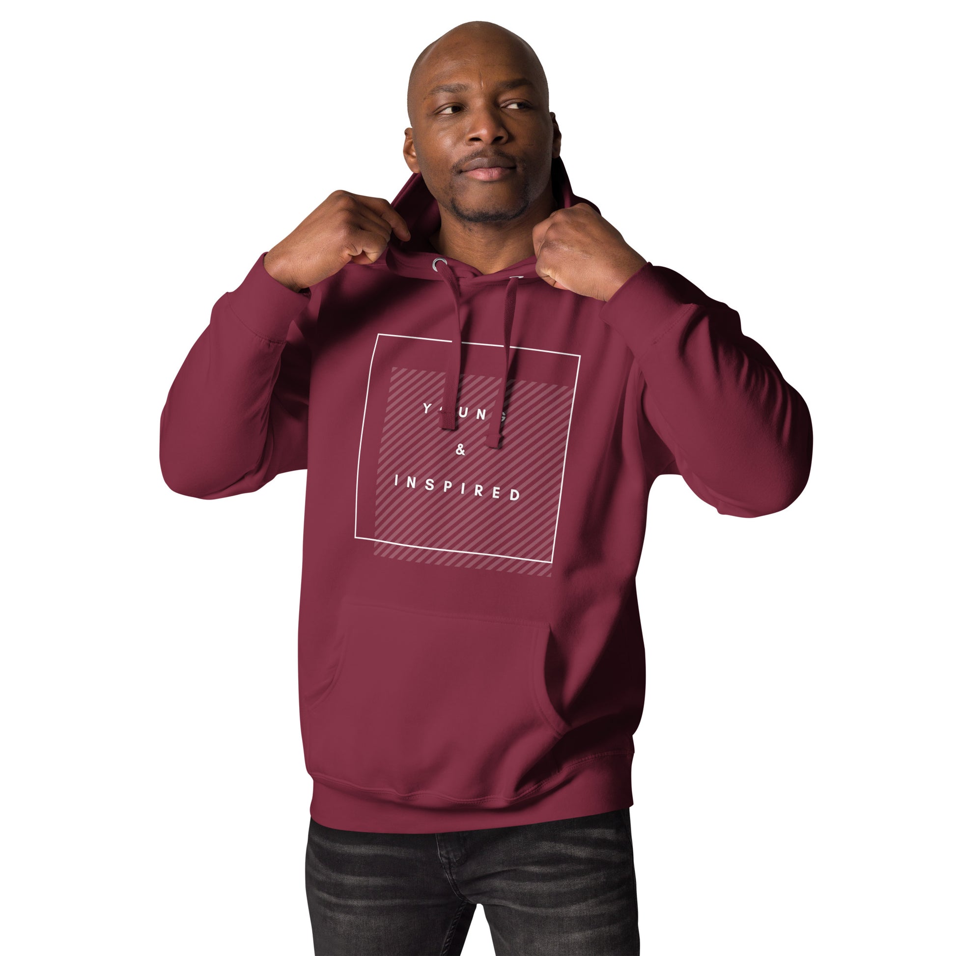 Maroon adult unisex hoodie with the text "Young & Inspired", representing Crystel Patterson's "Inspired to Be..." children's book series.