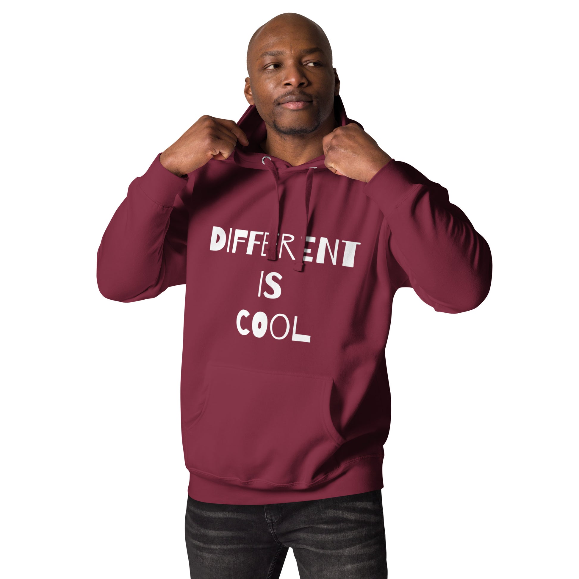 Maroon adult unisex hoodie with the text "Different is Cool"