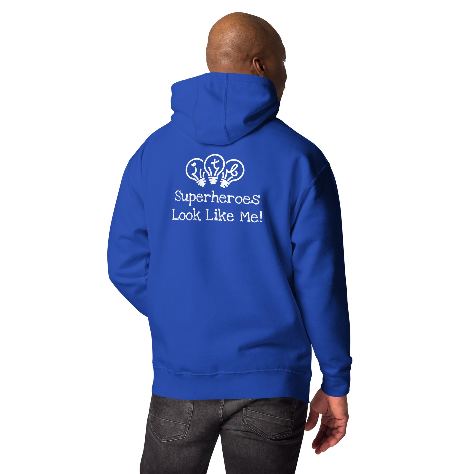 Royal blue adult unisex hoodie with an image of the main character from Crystel Patterson's "Superheroes Here and There" wearing a cape (front) and the text "Superheroes Look Like Me" (back).