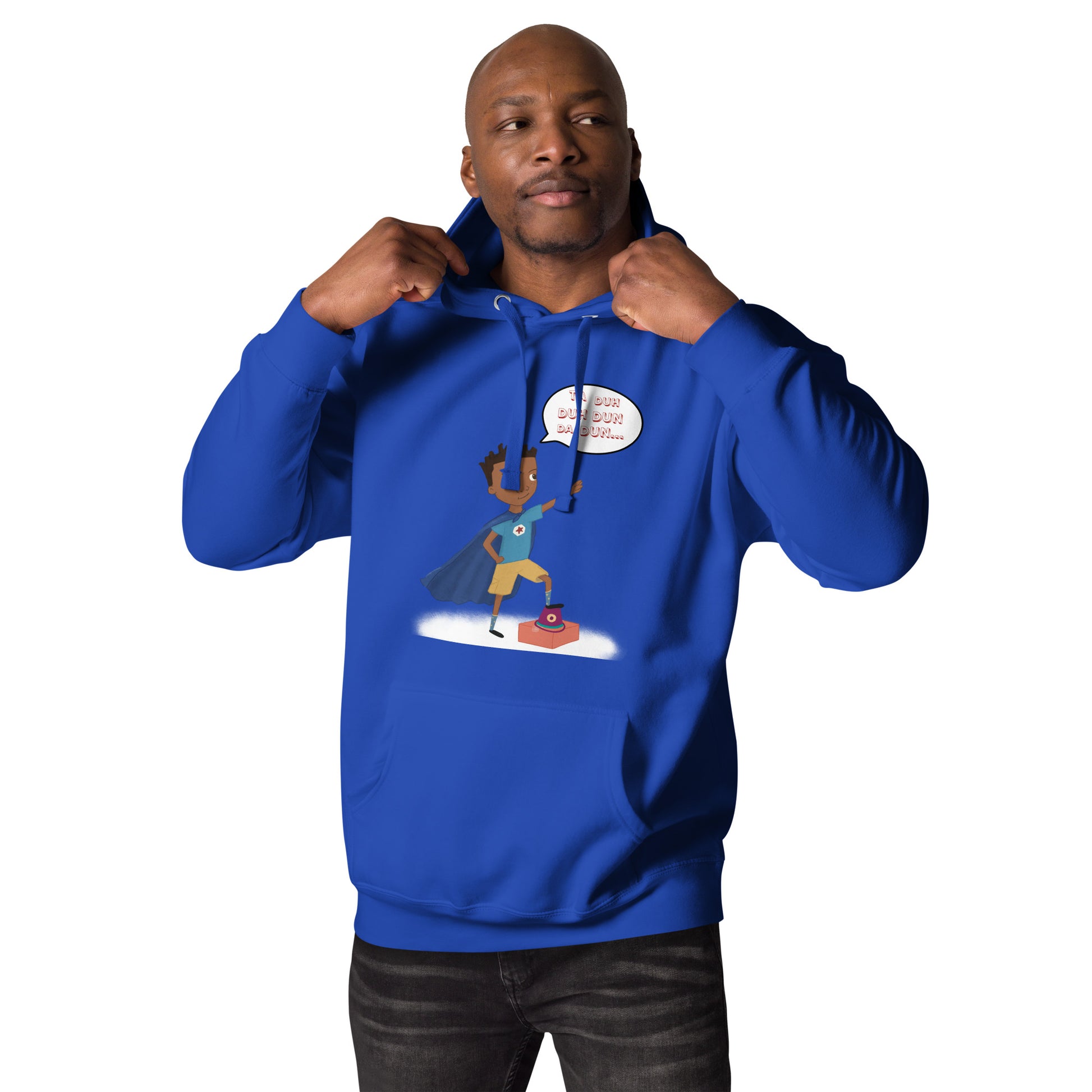 Royal blue adult unisex hoodie with an image of the main character from Crystel Patterson's "Superheroes Here and There" wearing a cape (front) and the text "Superheroes Look Like Me" (back).