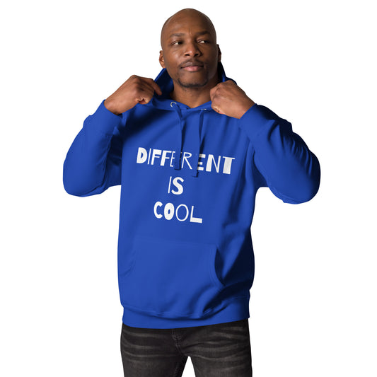 Royal blue adult unisex hoodie with the text "Different is Cool"