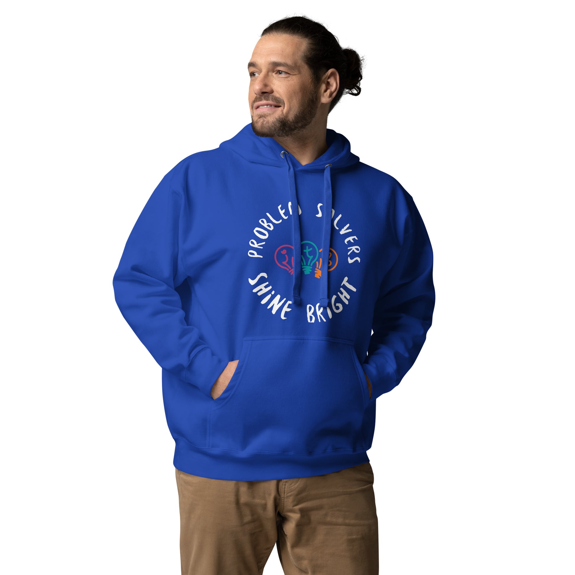 Royal blue adult unisex hoodie with the text "Problem Solvers Shine Bright"