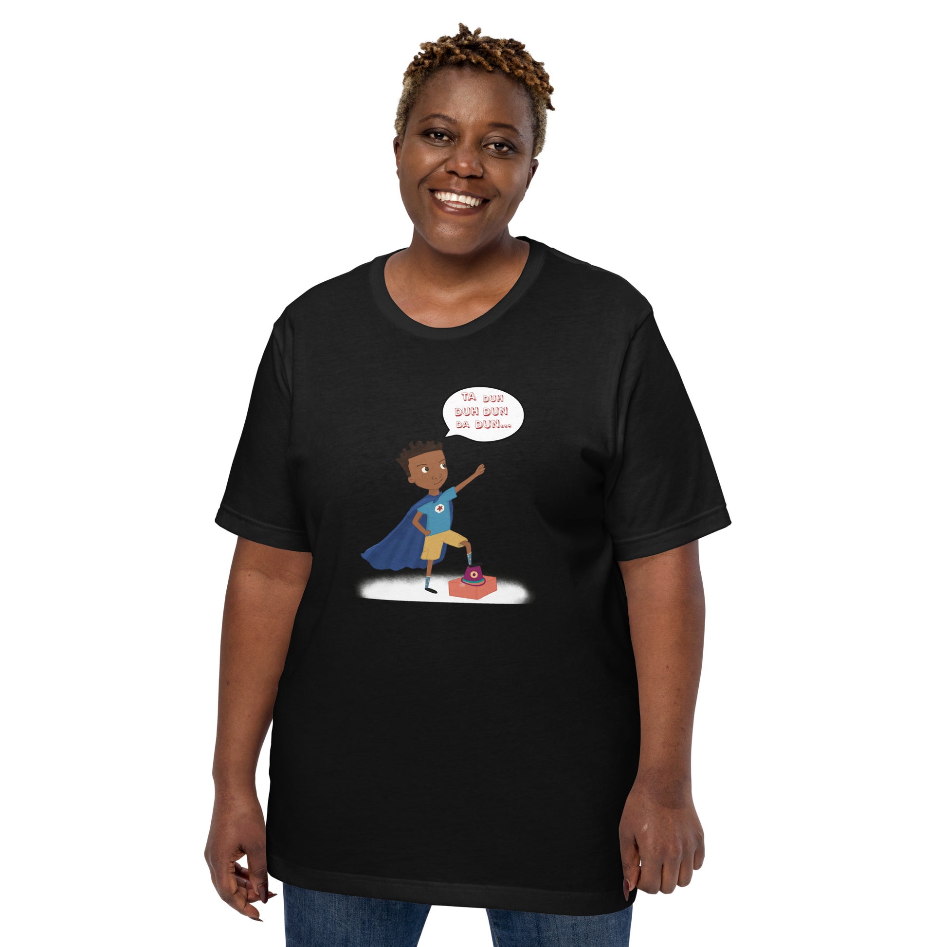 Black adult unisex t-shirt with an image of the main character from Crystel Patterson's "Superheroes Here and There" wearing a cape (front) and the text "Superheroes Look Like Me" (back).