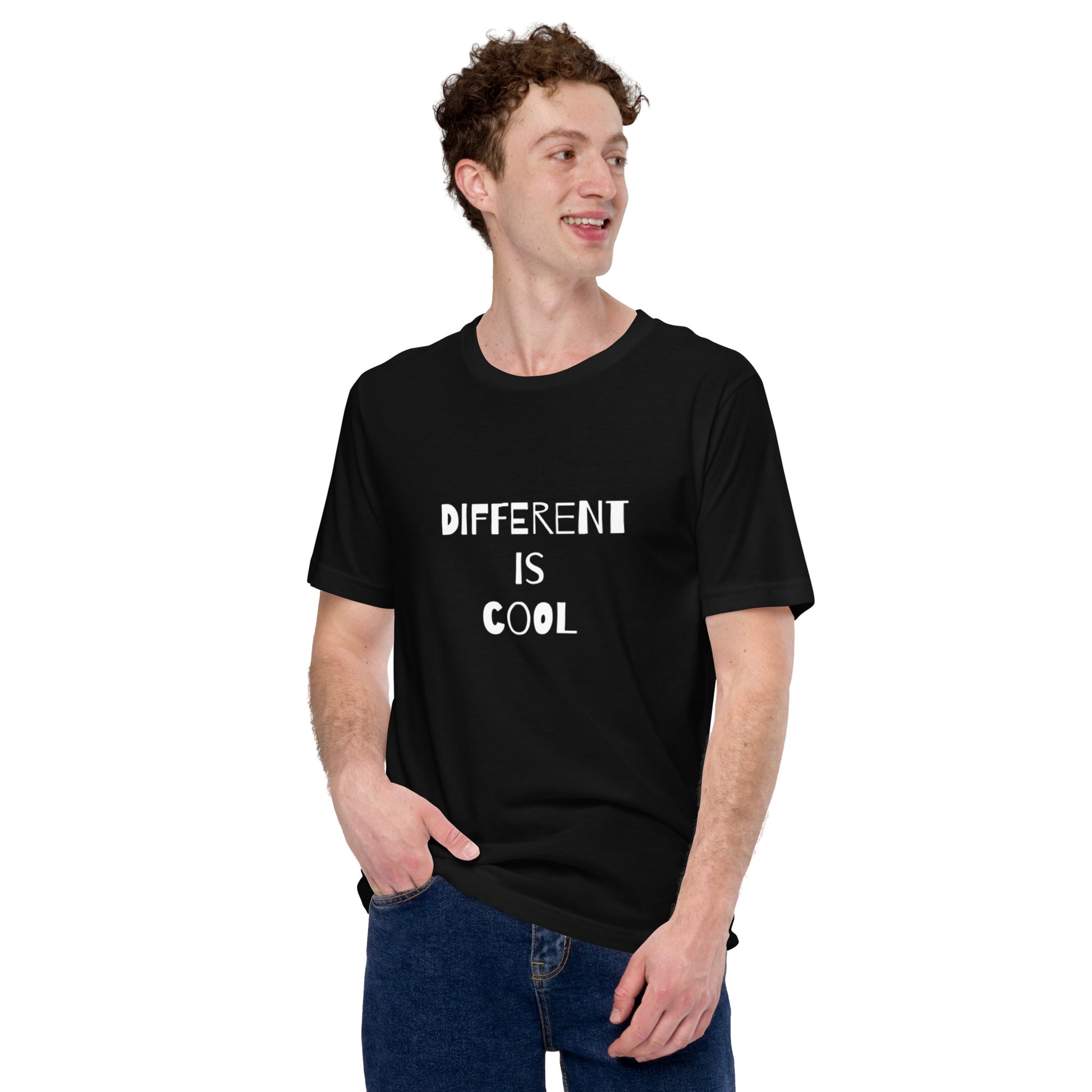 Black adult unisex t-shirt with the text "Different is Cool"