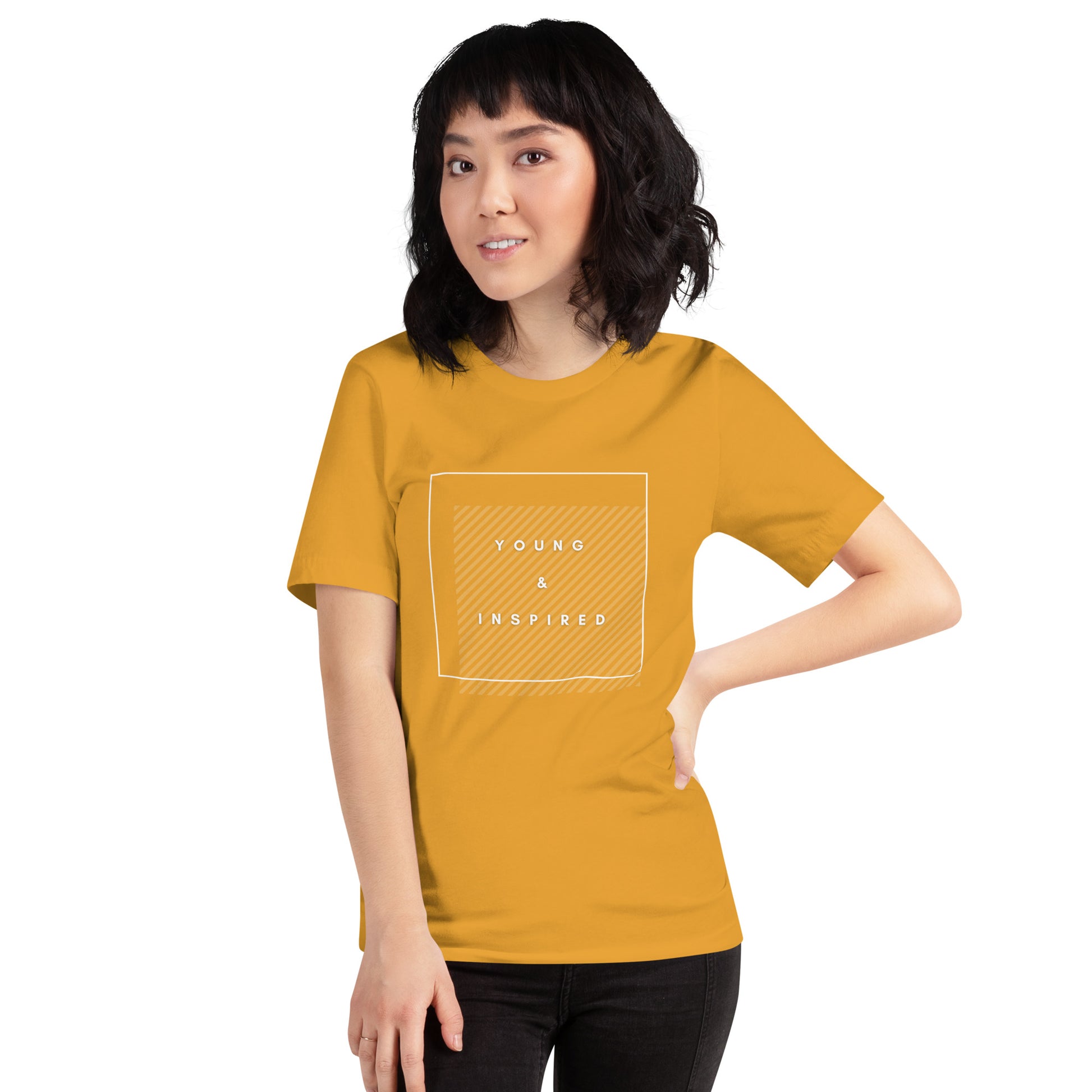 Mustard adult unisex t-shirt with the text "Young & Inspired", representing Crystel Patterson's "Inspired to Be..." children's book series.