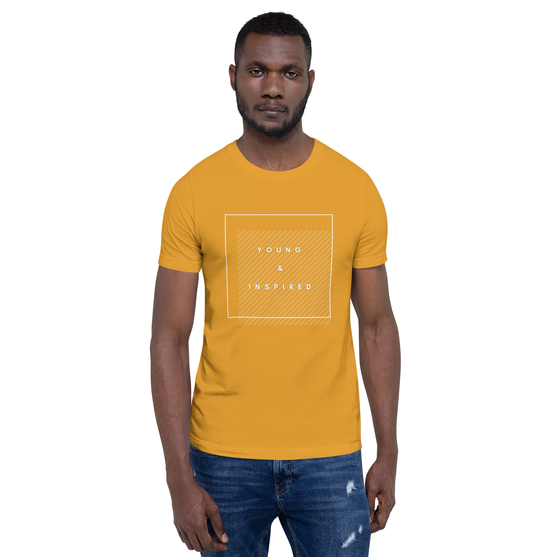 Mustard adult unisex t-shirt with the text "Young & Inspired", representing Crystel Patterson's "Inspired to Be..." children's book series.