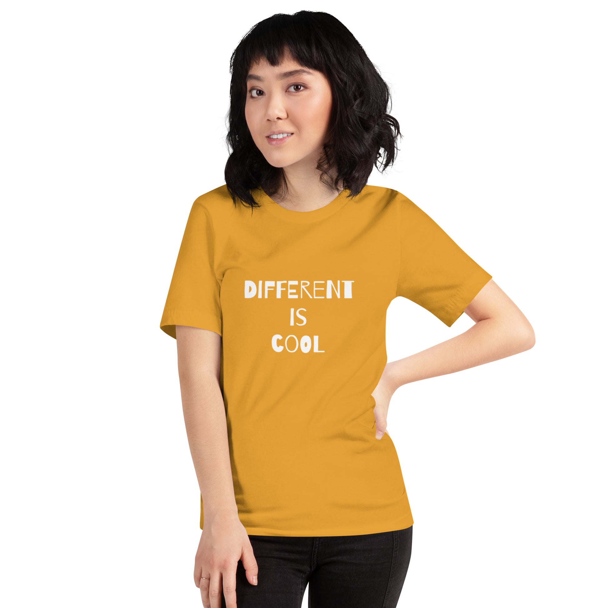 Mustard adult unisex t-shirt with the text "Different is Cool"