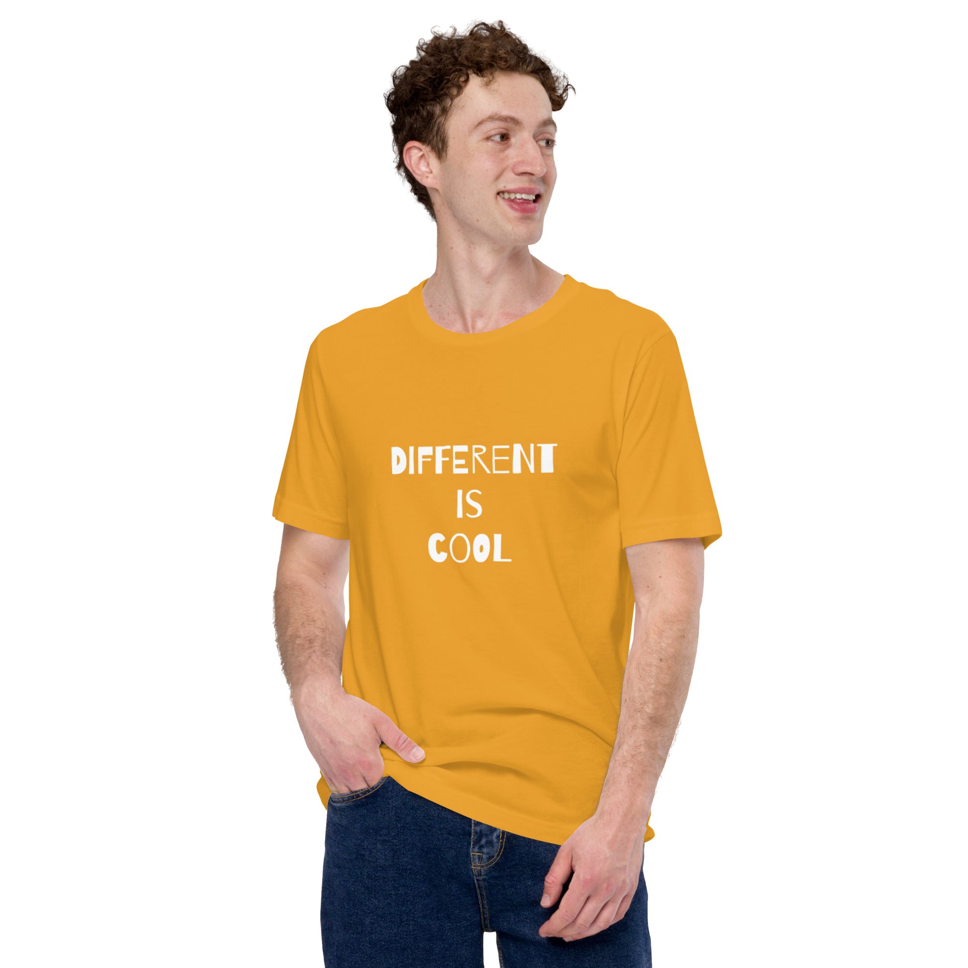 Mustard adult unisex t-shirt with the text "Different is Cool"