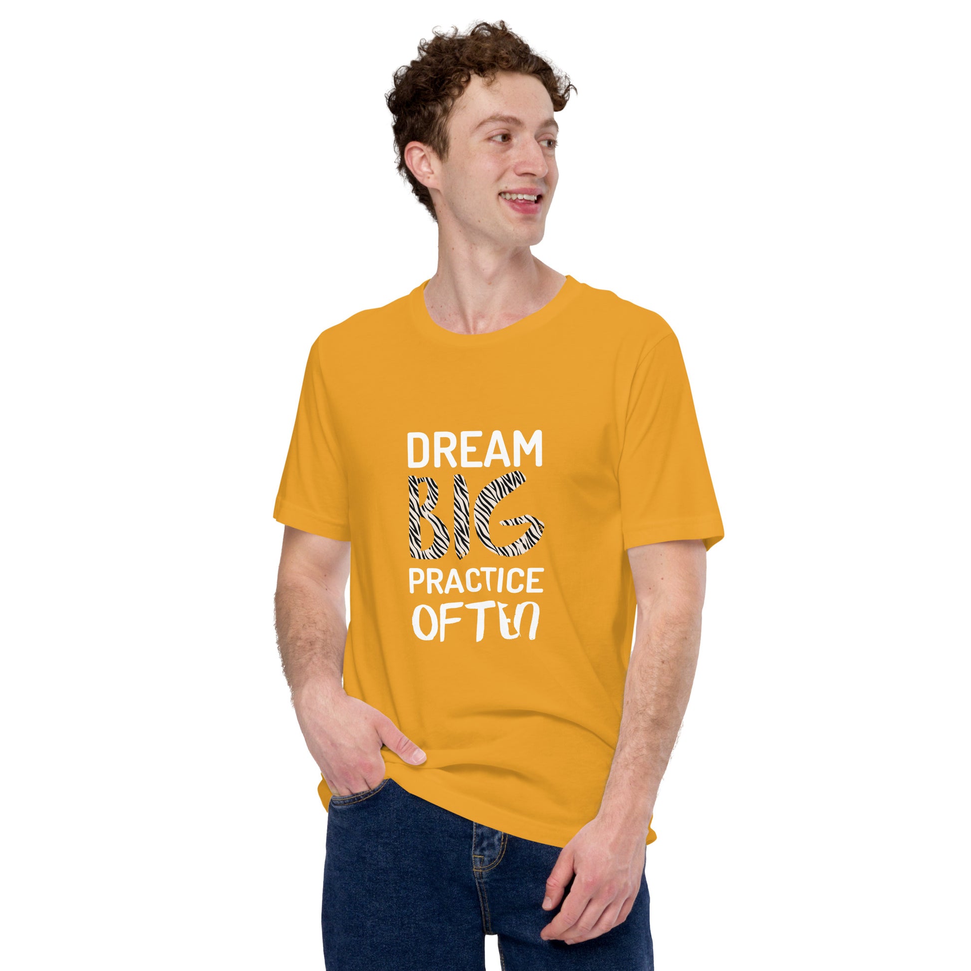 Mustard adult unisex t-shirt featuring the phrase "Dream Big, Practice Often".