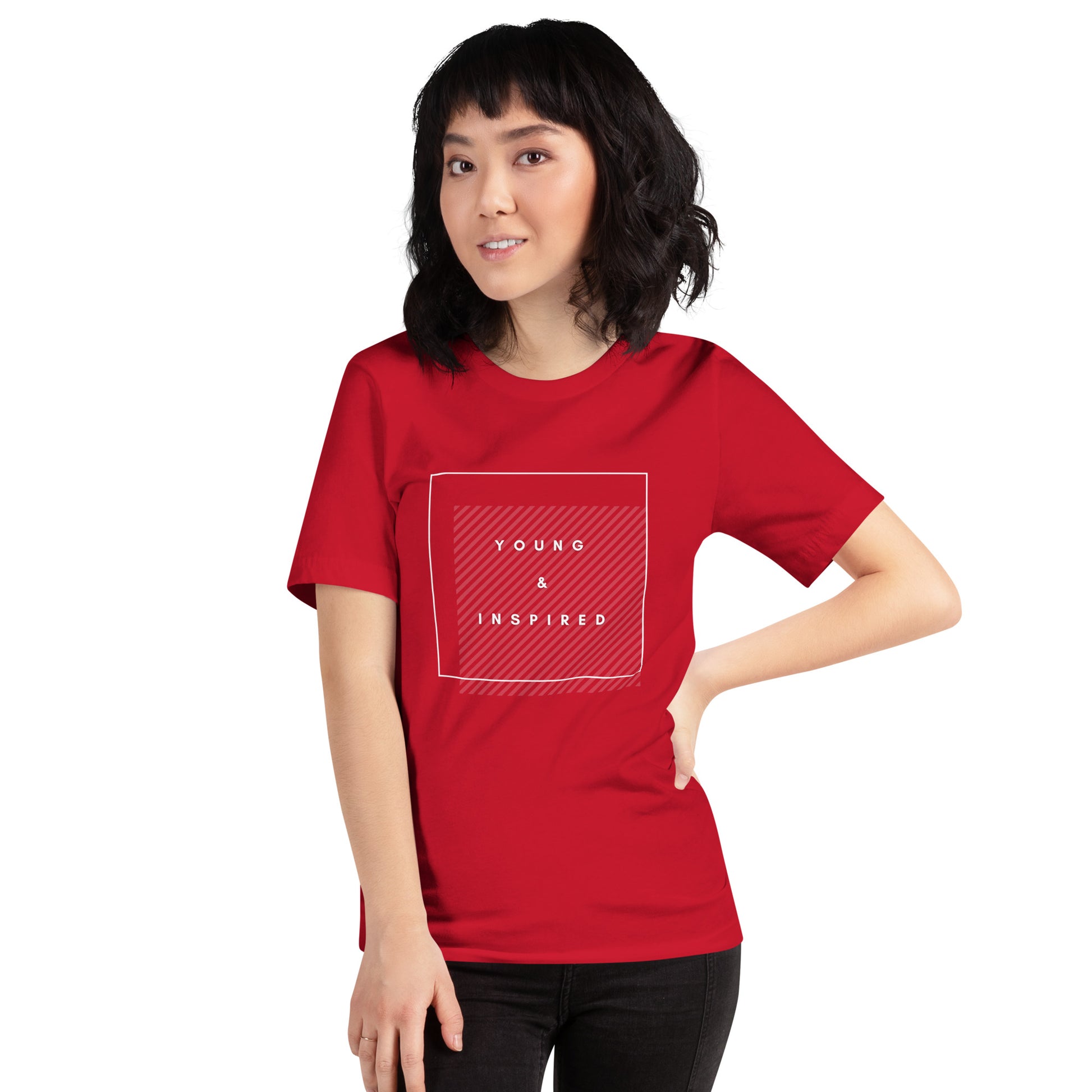 Red adult unisex t-shirt with the text "Young & Inspired", representing Crystel Patterson's "Inspired to Be..." children's book series.
