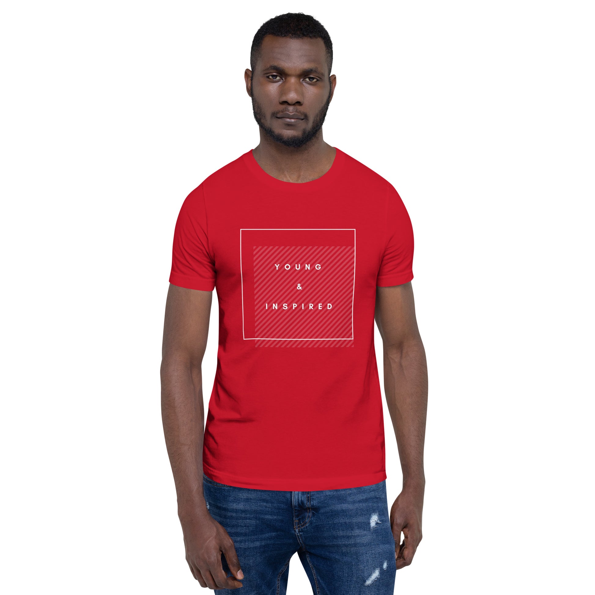 Red adult unisex t-shirt with the text "Young & Inspired", representing Crystel Patterson's "Inspired to Be..." children's book series.