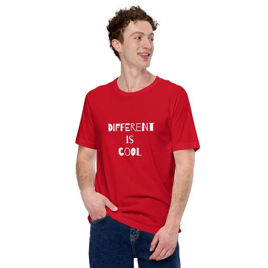 Red adult unisex t-shirt with the text "Different is Cool"